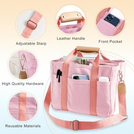 Qurlon Multi Pocket Tote Bag for Women CanvasBag with Handle Mommy Bag Large Cpacity Purse Reusable Handbag (Pink)
