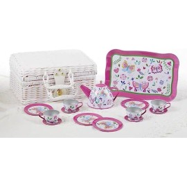 Delton Tin Tea Sets For Youth/ Kids/ Children Pretend Play With Storage Basket - 15 Pc Set Butterfly