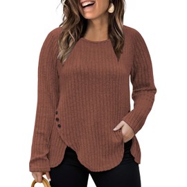 VISLILY Womens Plus Size Tops Long Sleeve Fashion Button Shirts Dressy Tulip Hem Sweater Winter Fall Pullover Tunics 2XL Caramel