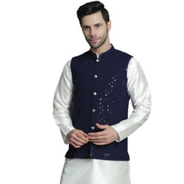 Maple Clothing Men's Sleeveless Modi Jacket Cotton Traditional Indian Mandarin Neck Waistcoat Vest (Navy Blue, M)