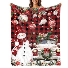 Fleece Throw Blanket Super Soft Warm Flannel Christmas Snowman Child Blankets for Couch, Sofa Bed, Cozy,Lightweight,Red Buffalo Check Truck Xmas Ball Ornaments Snowflake Poinsettia,40x50 Inches
