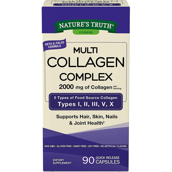 Multi Collagen Protein Capsules | 90 Count | Type I, II, III, V, X | Collagen Peptide Pills | Non-GMO, Gluten Free Supplement | by Nature's Truth