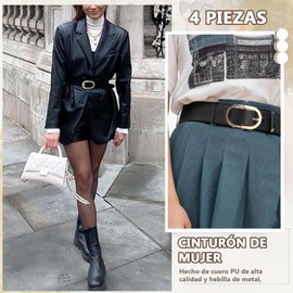 WEILAT 4pcs Cinturones de Piel para Mujer, Ajustable Cinturón de Piel de Mujers, Mujer Cinturón de Moda, para Jeans, con Hebilla Dorada, Negro+Blanco+Marrón+Caqui (Largo103 Cm)