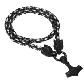 Flongo Viking Necklace Wolf Medallion: Wolf Wolf Head Odin Warrior Thor's Hammer Snake Necklace Silver Stainless Steel Men Women Solid Byzantine Chain Amulet with Wolf Pendant Accessories