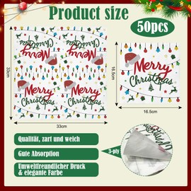 Wentsent Christmas Napkins, Pack of 50 Christmas Napkins with Christmas Colourful Fairy Lights, Merry Christmas Motif, 3-Ply Disposable Napkins, Table Decoration for New Year's Eve, Winter, Holiday,