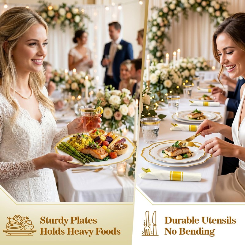 Glowserve 50 Guests 350 PCS Disposable Plastic Plates Gold Dinnerware