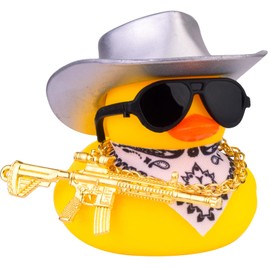 CoFuBcad Car Rubber Duck, Yellow Duck Dashboard Decoration with Cowboy Hat Necklace Sunglasses Cool Prop for Car Dashboard Decorations (Silver), CF018I