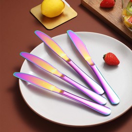 Rainbow Dinner Knives Set Of 4, Berglander Stainless Steel Titanium Plating Shiny Colorful Dinner Knife, Mutil Color Butter Knife Spreader Table Knives Sturdy And Dishwasher Safe