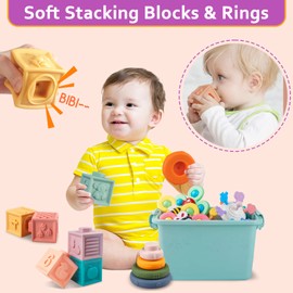 Weilim Baby Toys for 6 to 12 Months, Montessori Sensory Bins & Teething Toys, 6 in 1 Stacking Blocks, Rings, Eggs, Spinner, Crab Shape, 27 Pieces, Ages 6-36 Months