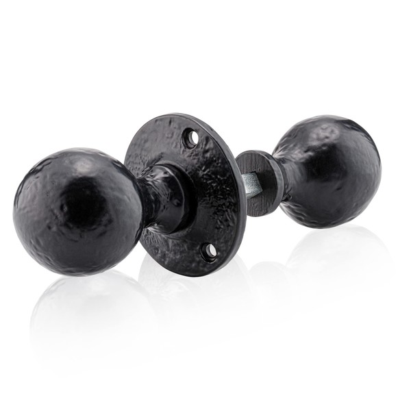 XFORT Smithy's Range Ball Shaped Rim Knob Black Antique, Traditional Rustic Round Rim Door Knob, for Use with Rim Sashlocks, Ideal for Wooden Barn, Gate and Shed Doors.