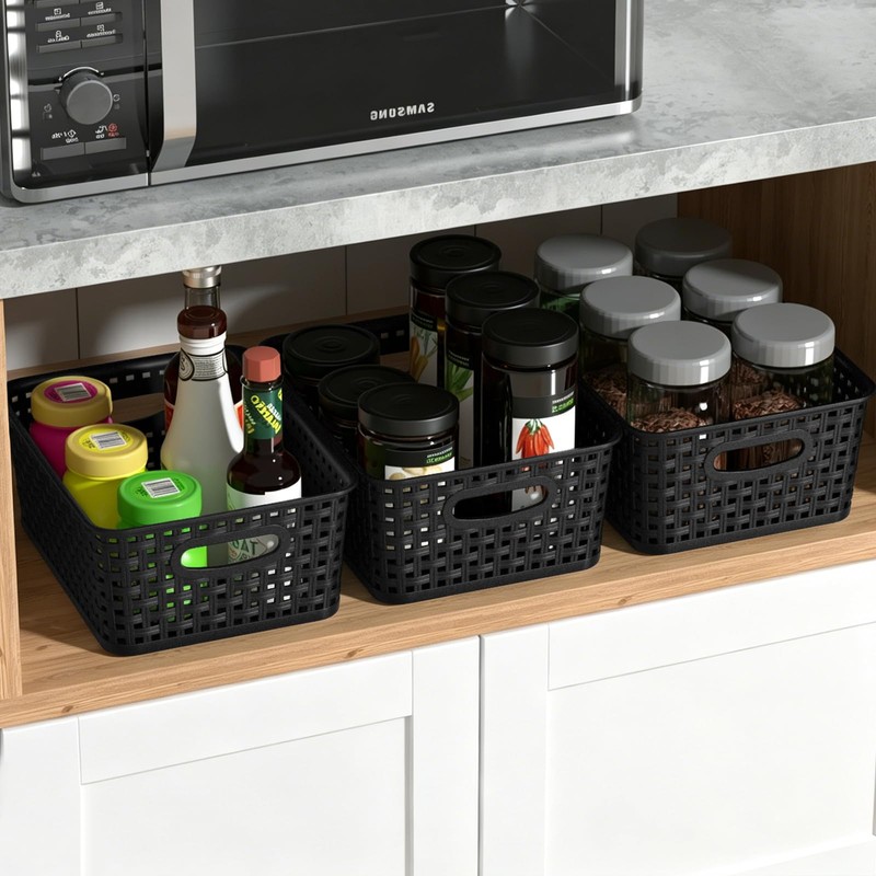 Ewingger Set of 6 Black Plastic Storage Baskets, Small Organzing