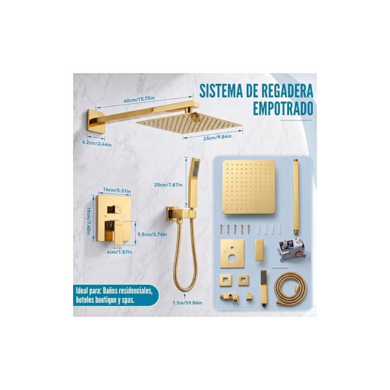 LOKOOY Set de Regadera Cuadrada Empotrada 10, Monomando, Dorado