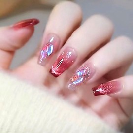 TUOKAY Medium Coffin Press on Nails Cat-Eye Effect Glossy Glitter Fake Nails Full Cover False Nails for Women and female,10pcs Glue On Nails (Cat-Eye Effect 5)