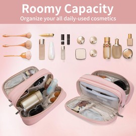 XIAOLER Makeup Bag for Women, Wide-open Makeup Organizer with Makeup Brush Holder, Waterproof Cosmetic Bag with Compartment, Portable Travel-Size Toiletry Bag for Traveling, Large Make Up Bag (Pink)