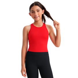 CRZ YOGA Girls Seamless Ribbed Longline Sports Bra - High Neck Racerback Training Yoga Bra for Teens Kids Dance Crop Top Deep Red Small