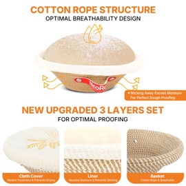 NeoRov Handmade Cotton Rope Banneton Bread Proofing Basket Set - 2X Round Bread Baskets - With Liner & Cloth Cover - For Proofing Sourdough Bread & Bread Storage (Khaki & Khaki Stripes)