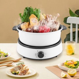 Electric Hot Pot,1350W Small Hot Pot Electric Cooker Electric Cooking Pot and Grill Pan with Lid, Portable Electric Hot Pot Skillet Travel Cooker Pot for Camping Family Party (White)