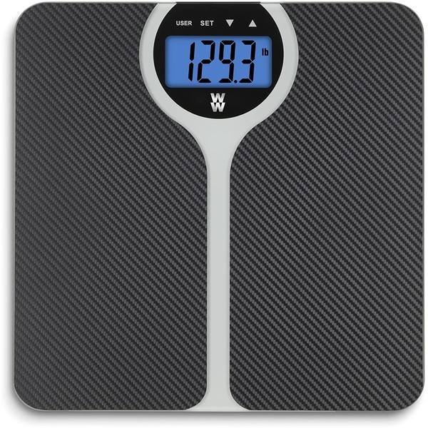 WW Scales by Conair Carbon Fiber Design BMI Bathroom Scale, Shows BMI (Body Mass Index) for 4 users, 400 Lbs. Capacity
