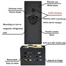Luwanburg Black Cheers Magnetic Bottle Opener with Cap Catcher Bucket Wall Mounted for Fridge Bar