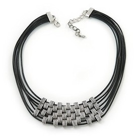 Multistrand Oval Link Black Leather Cord Necklace - 42cm Length/ 6cm Extender