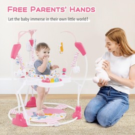 INFANS Baby Activity Center, 3 in 1 Play Center Jumpers and Bouncers with Music, Lights, Interactive Toys, 360°Rotating Seat, 3 Adjustable Heights, Exersaucer Learning Toys for Baby 6-12 Months (Pink)