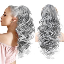 REECHO Ponytail Extension, 24" Claw Clip in Ponytail Extensions Long Curly Wavy Jaw Clip on Pony Tails Hairpiece for Women, Grey with White Ends