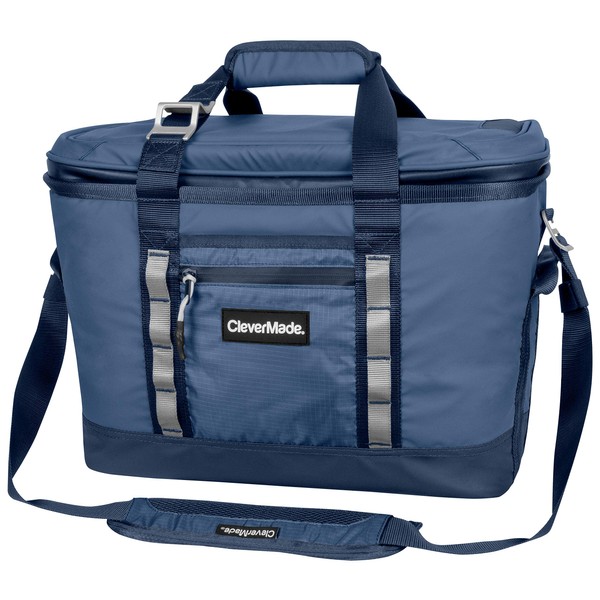 CleverMade Maverick Collapsible Cooler Bag - 50 Can Insulated Leakproof Soft Sided Beverage Tote with Shoulder Strap, Bottle Opener and Storage Pockets, Navy, Large, One Size