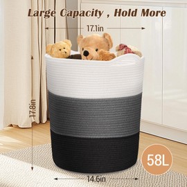 XINGTUV 58L Laundry Basket, Woven Cotton Rope Laundry Hamper with Handles, Versatile Storage for Clothes, Blankets and Baby Toys in Bathroom, Bedroom and Living Room (White$Yellow)