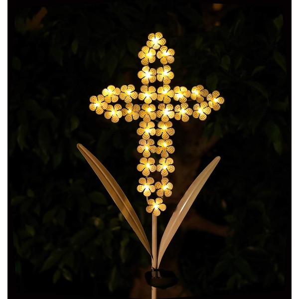 WSgift Solar White Cross Garden Stake Lights Metal Hydrangea Cross Stake Memorial Gift w/ 28 Solar LEDs Solar Cross Lights Perfect as Cross Remembrance Gifts & Sympathy Gifts (10" W x 40" H)