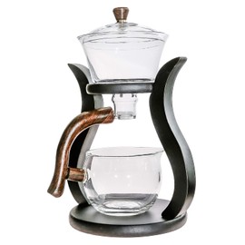 RORA Glass Teapot Set Semi Automatic Drip Rotating with Infuser Lazy Kungfu Tea pot Set (wooden)