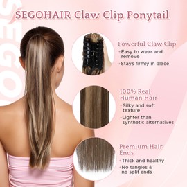 SEGOHAIR Human Hair Claw Clip Ponytail Extension 100% Real Human Hair Clip-In Extensions for Women Long Straight Pony Tails 22 Inches 120g #4P27 Medium Brown mixed Dark Blonde