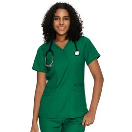 COZYFIT Scrub Tops for Woman - Back Princess Seams, Mock Wrap Top with 3 Pockets,Hunter Green,M