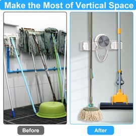 XANGNIER Broom Holder Mop Hanger Wall Mount,Suction Cup Broom Organizer Wall Mount With Hooks,Self Adhesive Mop Storage Rack Hanging for Bathroom,Garage,Laundry Room Cleaning Supplies Organizer