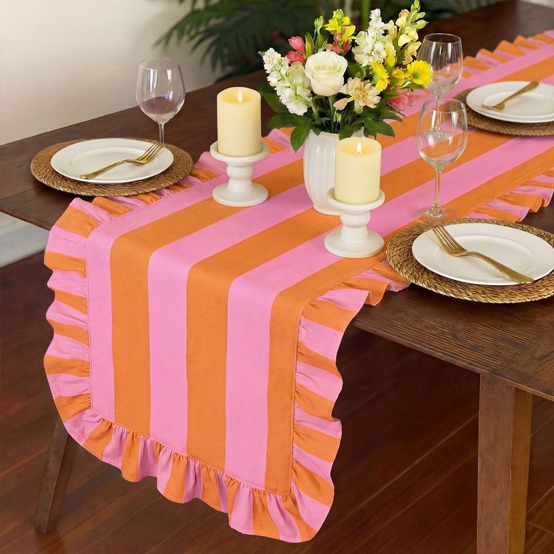HunnmingRe Ruffle Edge Striped Table Runner 118 x 15.7 Inch