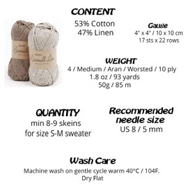 Cotton and Linen Yarn, 4 or Medium, Aran Weight, Drops Bomull-Lin, 1.8 oz 93 Yards per Ball (05 Brown)