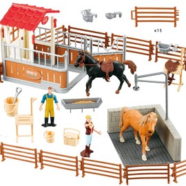 Peagprav Horse Stable Figurine Playset Horse Club with Rider Horse Wash Area Fence Figures Animal Toys Set Gifts for Girls and Boys 3 4 5 6 7 8 Years up