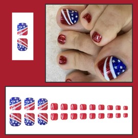 4th of July Press on Toenails Short Square Independence Day Fake Toe Nails Press ons with USA Flag Stars Design Red Glitter False Toenails Glossy Acrylic Glue on Toe Nails for Women 24Pcs