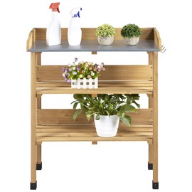 Yaheetech Outdoor Garden Potting Bench W/Storage Shelf Wooden Workbench W/Hook Garden Work Station W/Metal Tabletop 3 Shelves Potting Table Natural Wood