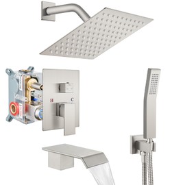 Cinwiny Shower System with Tub Spout Wall Mount Tub Shower Faucet Set Complete with Handheld Spray 3 Function Rough-In Valve Included,8 Inch Rainfall Shower Head,Brushed Nickel
