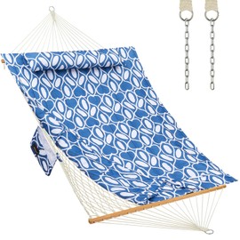 CHULIM Outdoor Double Hammock with Hardwood Spreader Bars, Large Rope Hammock with Polyester Pad and Pillow, 475 LBS Capacity for 2 Person Patio Backyard Poolside - Blue Printing