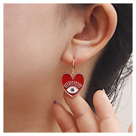 Crymystal Evil Eye Drop Earrings for Women Vintage Geometric Heart Shaped Earrings Gold Heart Shape Pendant Earrings Jewelry for Graduation Day Gifts (Red)