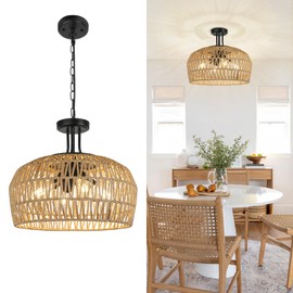 LynPon 18" Large Boho Chandeliers for Dining Room, 4-Light Rattan Farmhouse Ceiling Light Fixture with Wicker Lampshade, Hand Woven Hanging Pendant Light for Kitchen Island Bedroom Foyer Living Room