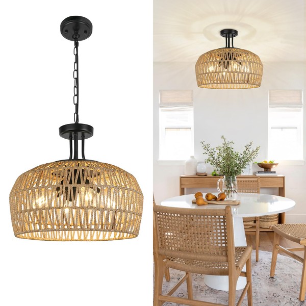 LynPon 18" Large Boho Chandeliers for Dining Room, 4-Light Rattan