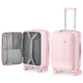 20 Inch Carry On Luggage Front Opening Rolling Suitcase With Spinner Wheels Aluminum Frame PC Hard Shell Luggage 22x14x9 Airline Approved Travel Suitcases With TSA Lock for Women - Pink