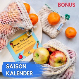 EcoYou Gemüsebeutel Bio-Baumwolle wiederverwendbar 3er Set (S,M,L) mit Gewichtsangabe Zero Waste Obstnetz & Gemüsenetz für den plastikfreien Einkauf NACHHALTIGE Einkaufsnetze + Saisonkalender