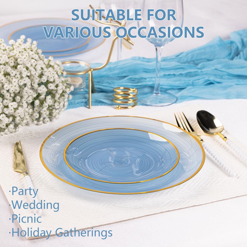 100PCS Blue Plastic Plates-Crystal Design Blue Disposable Plates with Gold