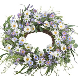LSKYTOP 24Inch Spring Wreaths Summer Wreath Purple Wreath Front Door Wreath with Daisy Lanvender Flower for Front Porch Wall Window Indoors Decor