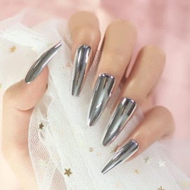 Super Long Shiny Punk Style Silver Coffin Ballerina Press on False Nails Metallic Acrylic Nails Reflective Mirror Nail Art Tips for party show