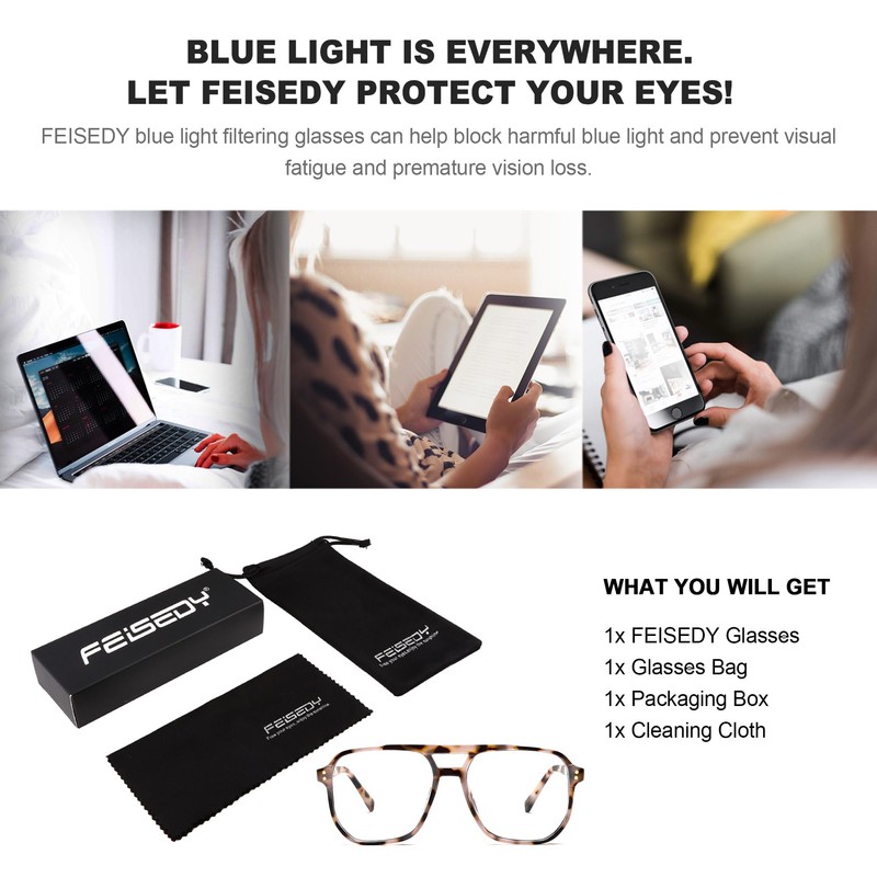 FEISEDY Retro 70s 80s Blue Light Filter Glasses Women Without