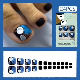 Short Press on Toenails Square Matte Fake Toenails Black Blue Stick on Toenails Summer False Toenails with Coconut Designs Glue on Toenails Reusable Acrylic Toe Nails for Woman Girls 24Pcs